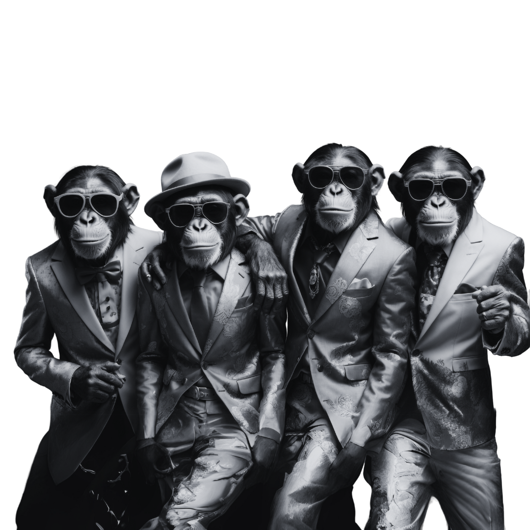 cuatro chimpancés con gafas de sol y vestidos de trajes