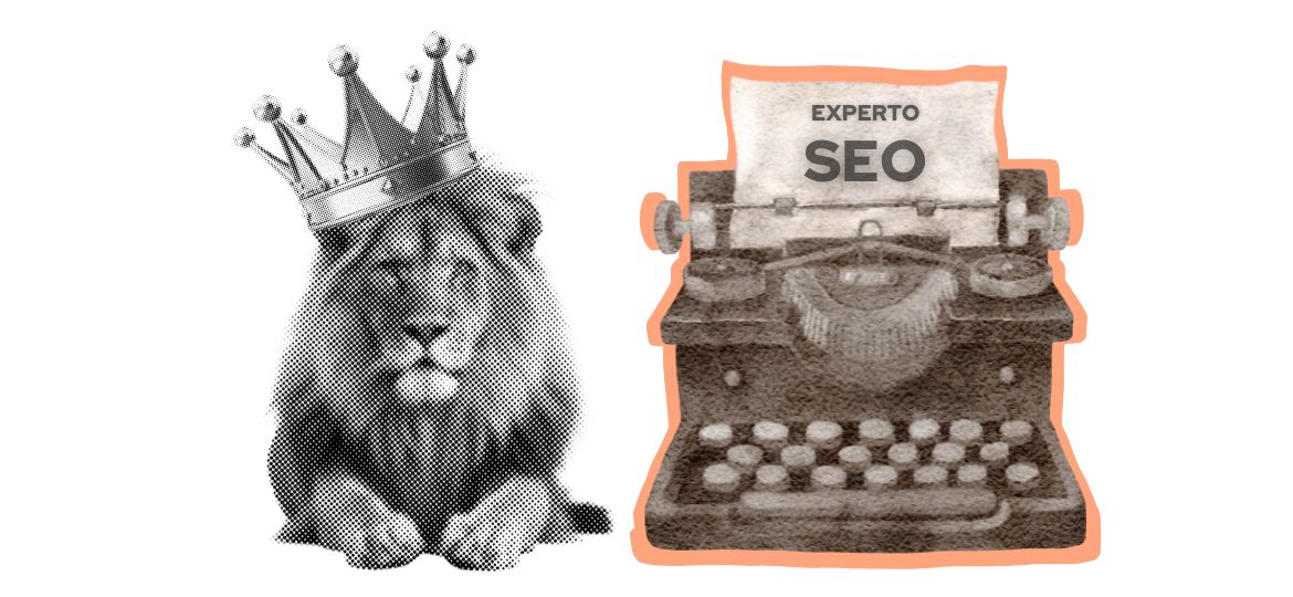 León con corona en la cabeza y máquina de escribir con papel escrito "Experto SEO"